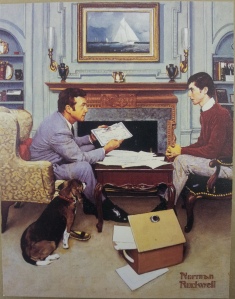 Father explaining stocks and bonds to son 1972